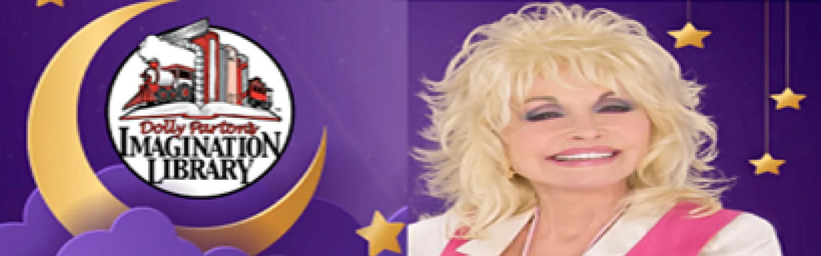 Dolly Parton Imagination Library logo next to pic of Dolly Parton