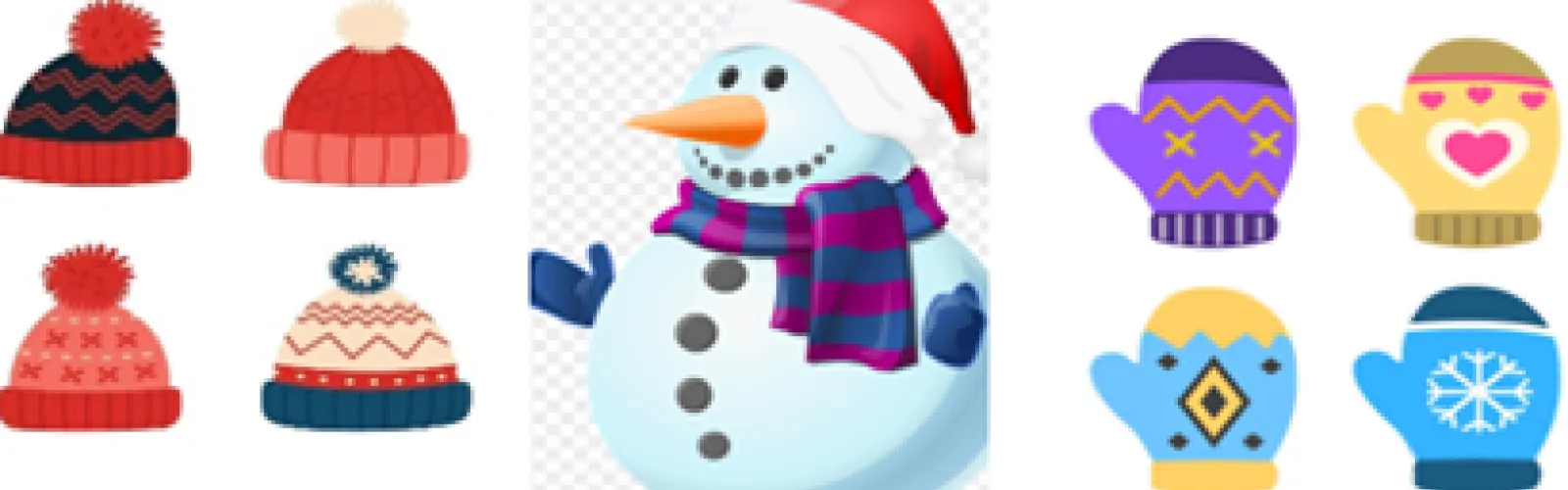 Winter hats, snowman, and mittens