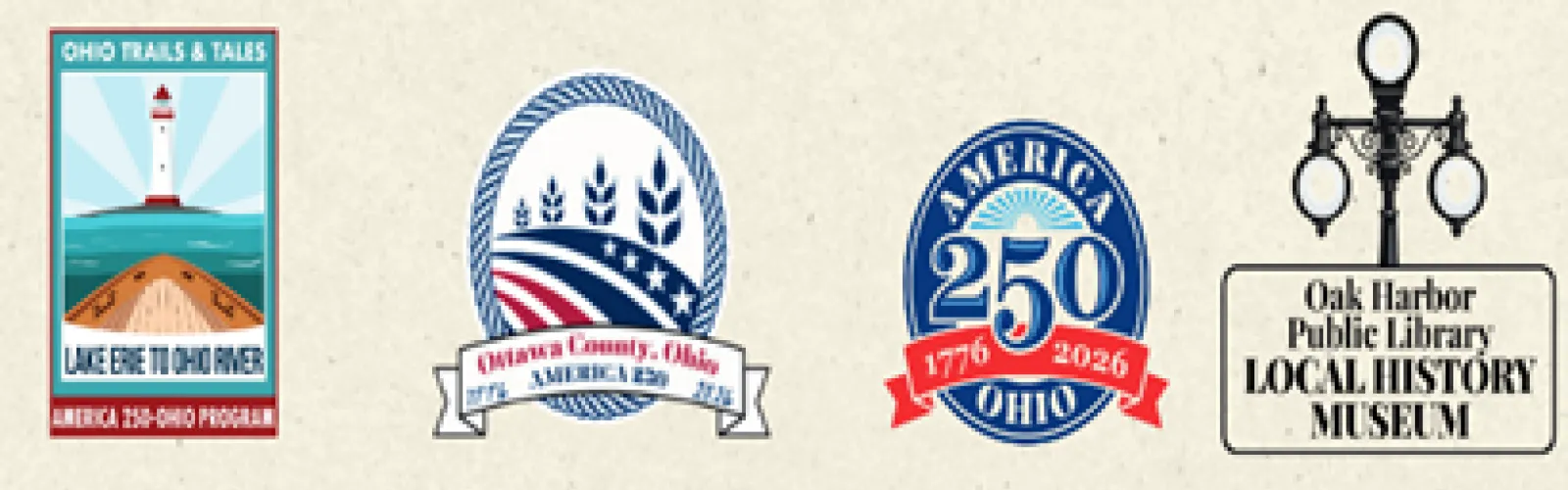 Logos for America 250, Ohio, Ottawa County, and Oak Harbor Library Historical entities 