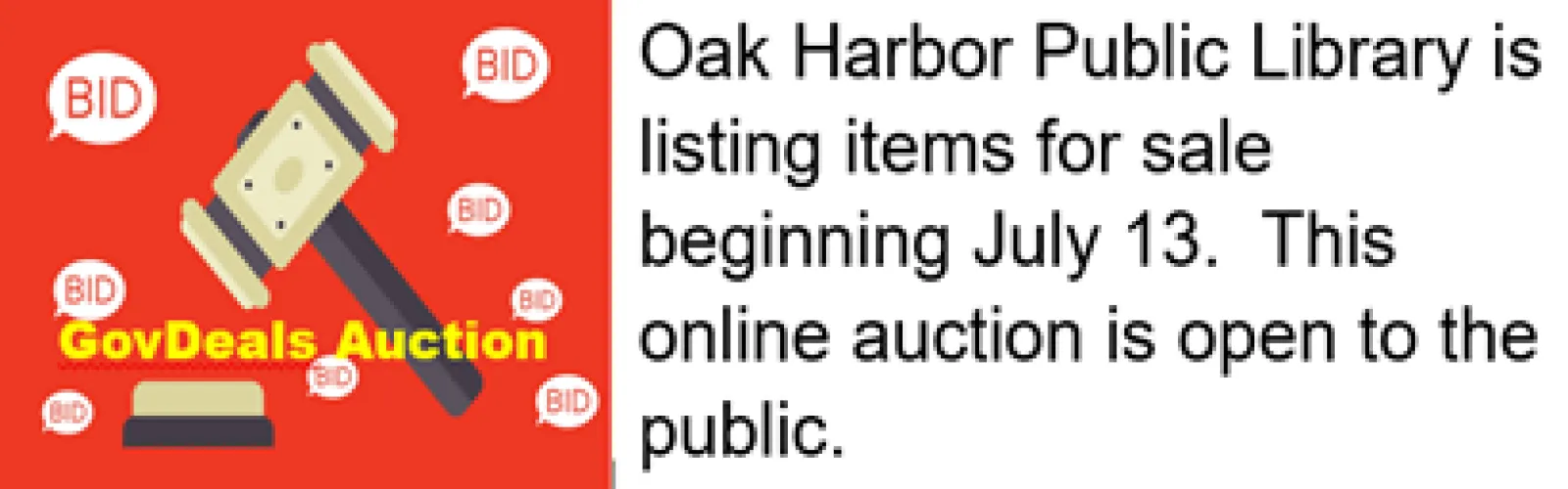 Gavel over GovDeals Auction with notice online public auction begins July 13