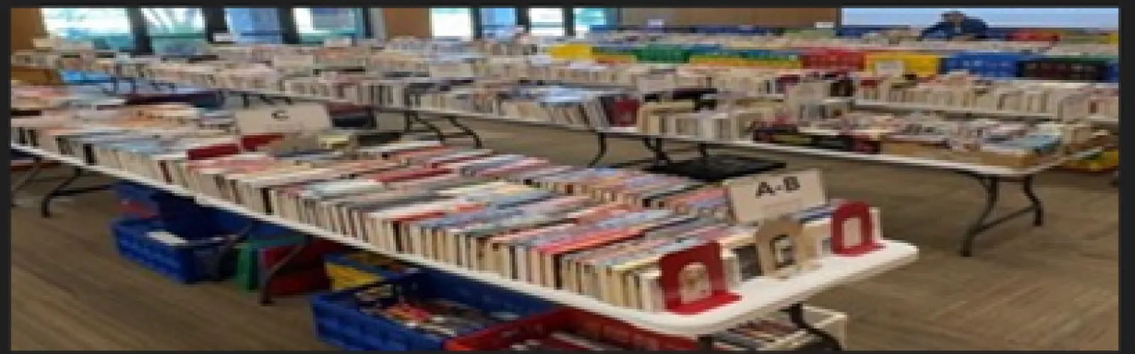 Books for sale laid out on tables